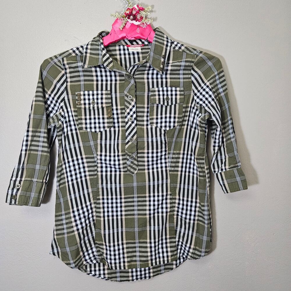 UNIONBAY Green Plaid Studded 3/4 Sleeve Shirt Junior M Military Grunge Y2KVibes